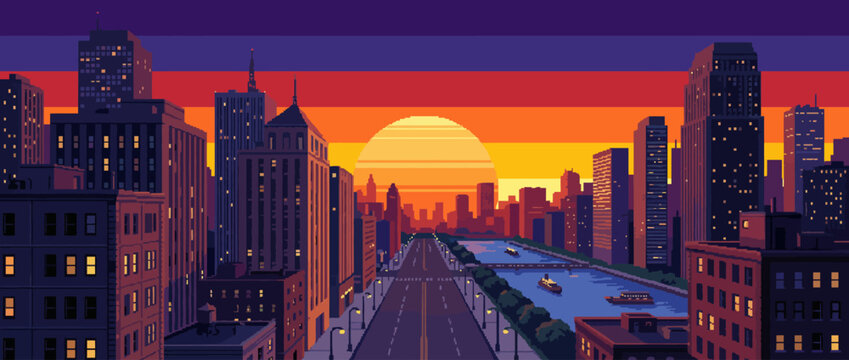 A stunning pixel art depiction of a city skyline at sunset, with vibrant colors and contrasting silhouettes, evoking a sense of tranquility and urban beauty.
