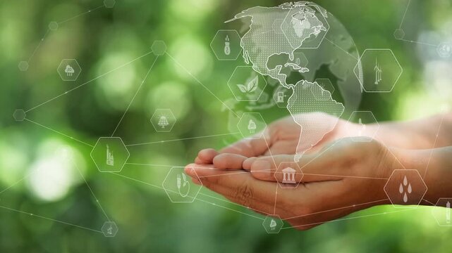 human hand supports the world accompanied by an animated icon representing environmental concepts green business green investment against a green background with interconnected environmental networks