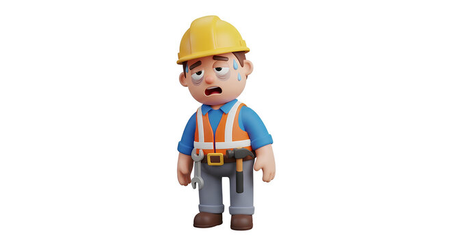 vector illustration of Tired construction worker, sweating heavily, in the heat of a tiring day 