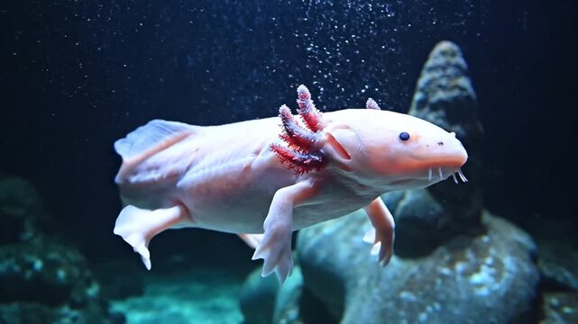 Pink Axolotl Floats Serenely in Dark Underwater Cavern
