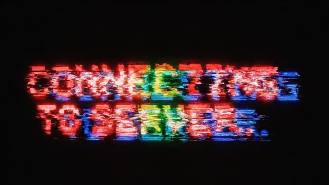 Motion graphic still. Connecting to server message in red glowing 8 bit retro font. Digital glitch distortion and CRT scanlines. Old computer terminal screen.