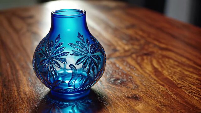 Close-up of a blue cut glass vase