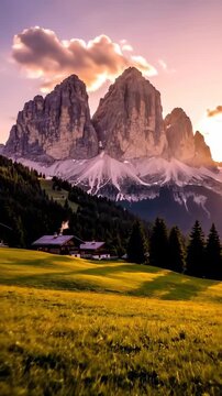 Breathtaking Alpine Sunset with majestic mountain peaks overlooking a cozy village in a lush green valley, perfect for travel vlogs and nature documentaries. Vertical. Video. Portrait Orientation.
