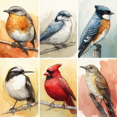 Obraz premium Collection of Watercolor Illustrations Showing a Robin, Blue Jay, Cardinal, Swallow, Finch, and Hummingbird on Warm-Toned Backgrounds