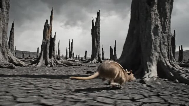 Kangaroo in Ancient Petrified Forest Under Moody Overcast Sky