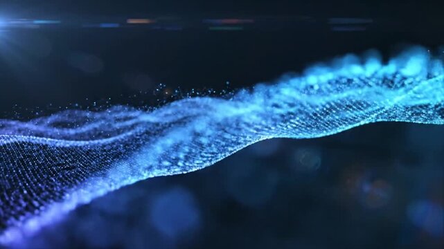 Abstract blue digital wave of glowing particles across a dark background, suggesting flowing to data