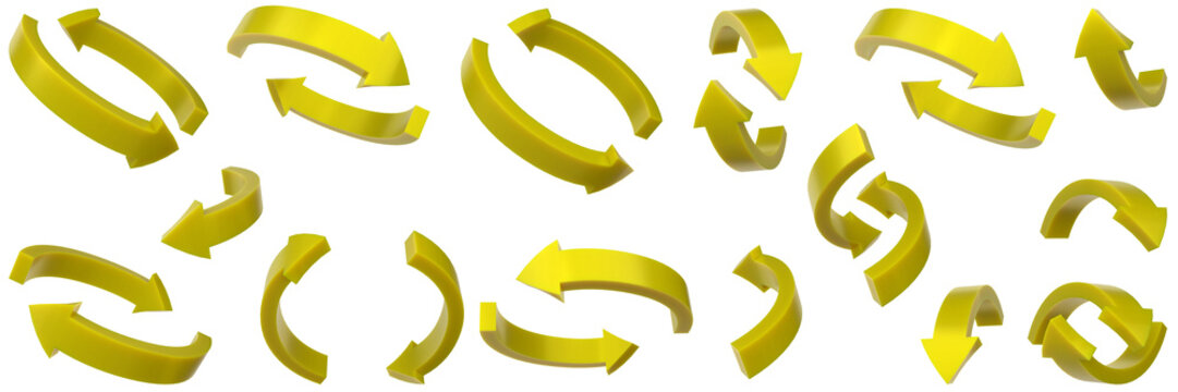3d yellow rubber curved arrows set, rotation and refresh icons collection, circular direction symbols isolated on background