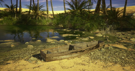 Naklejka premium A weathered wooden boat is anchored at a serene oasis. Lush palm trees dot the landscape, contrasting with the golden sand of the desert under a clear blue sky.