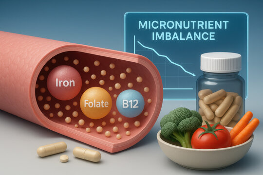 Informative visualization of micronutrient imbalance in bloodstream, showing low nutrient levels of iron, folate, B12, contrasting fresh vegetable bowl and supplement bottle