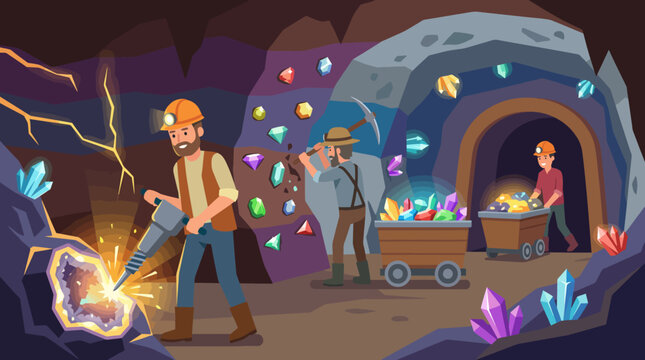 This vibrant image showcases miners actively extracting precious gems and minerals, depicting hard work and camaraderie in a rich underground environment.