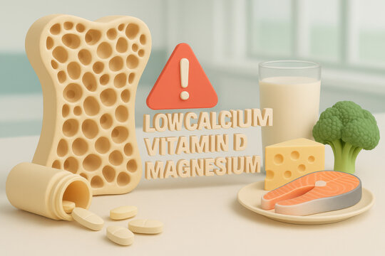 Osteoporosis prevention illustration showing porous bone structure. concerning alert sign for low calcium, vitamin D, and magnesium. Food and supplement help treat condition