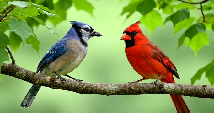 Two birds, a blue jay and a cardinal, sit on a tree branch.