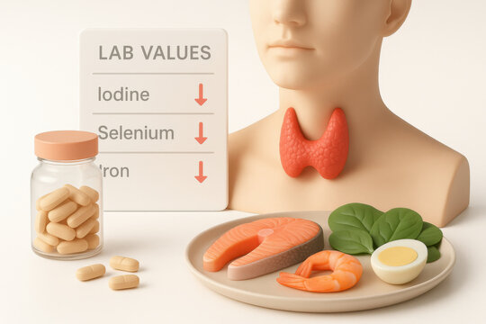 Medical concept of thyroid nutrient deficiency shows concern for health. Lab values highlight low iodine, selenium, and iron, with healthy food and supplement for support