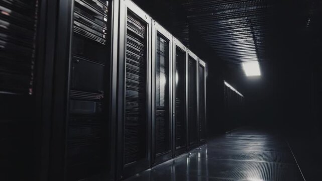Server racks standing in a dark data center, showcasing advanced technology and creating robust network infrastructure for cloud computing and information storage