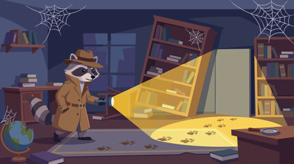This whimsical illustration features a raccoon detective exploring a mystery-filled library, capturing the essence of adventure and curiosity in a fun, engaging setting. © Zihang