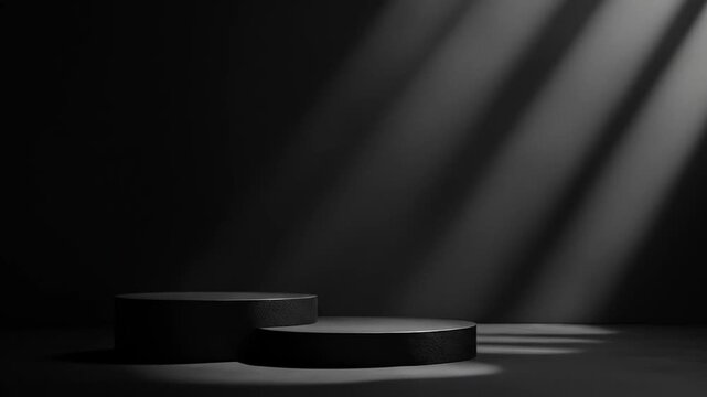 Minimalist black studio with two round display podiums and striking diagonal light