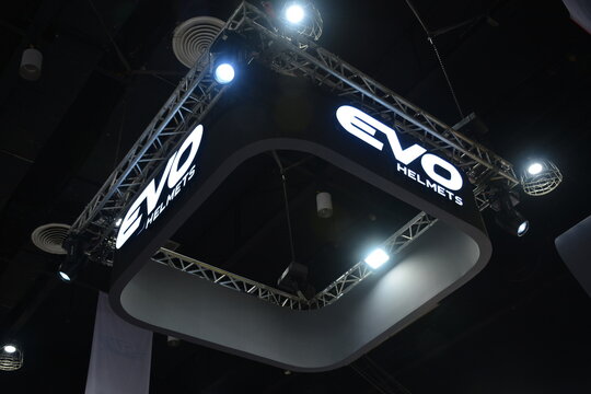Evo helmets booth sign at the 20th Inside Racing Bike Fest in Pasay, Philippines