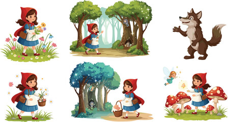 Fototapeta premium Little Red Riding Hood Adventure with Fairy, Wolf, and Magical Forest Elements in a Whimsical Woodland Setting