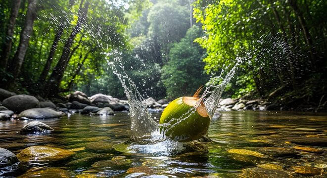 A fresh cocount splashes in a natural stream surrounded by lush green trees