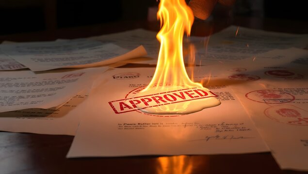 Approved documents destroyed under flame, visual metaphor for reversed decisions, revoked permissions, and erased authority