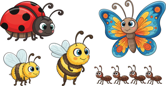 Cute Cartoon Insects Illustration, Featuring Ladybug, Bee, Butterfly, and Ants in Playful Designs