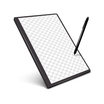 Graphic tablet. Drawing, writing pad with pen. Realistic 3d vector mockup. Digital notebook blank empty transparent screen. Mock-up. E-Book, e-Ink notepad display. Template for design