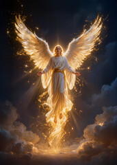 Naklejka premium Divine glowing angel with golden wings rising in heavenly sky