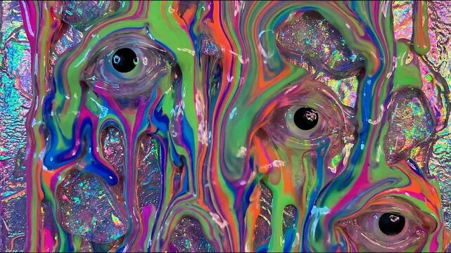 Abstract trippy background with melting eyes concept. Abstract colorful melting paint with surreal eyes and vibrant psychedelic patterns on shiny surface