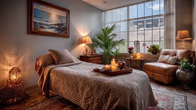 Massage therapist sets up a therapy room with candles and soft lighting for clients at a wellness center in the afternoon