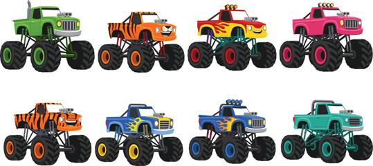 Colorful Monster Trucks with Bold Designs and Big Wheels for Racing, Stunt, and Fun Illustration Projects © Mrinal
