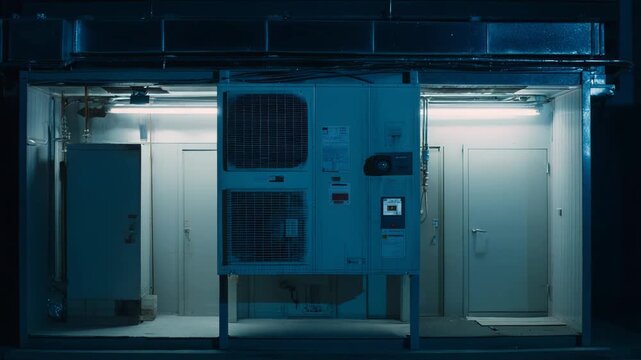 Industrial air conditioning unit sitting outside on a dark night, providing essential cooling and climate control for a building's internal systems and equipment