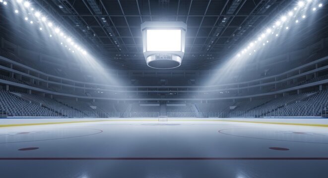 Ice hockey arena illuminated by spotlights and overhead scoreboard