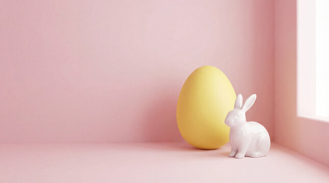 Minimalist Easter scene with yellow egg and white bunny figurine on pink background