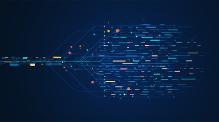 Fast flowing data stream with colorful particles and lines on dark background, dynamic digital design for technology, network speed, information transfer, and futuristic concept © natrot