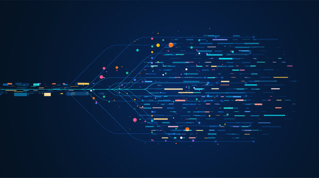 Fast flowing data stream with colorful particles and lines on dark background, dynamic digital design for technology, network speed, information transfer, and futuristic concept