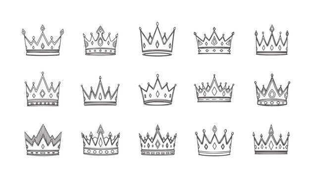 Collection of hand drawn crown in various styles royal king queen monarchy