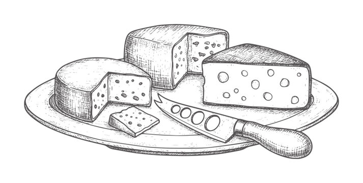 Hand drawn cheese selection with knife wooden board dairy food