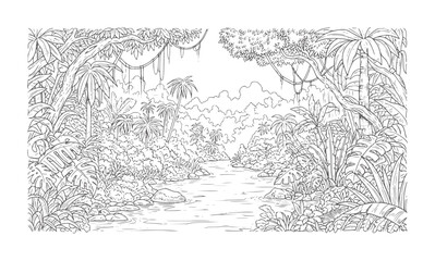 Obraz premium Lush jungle river scene with dense foliage and hanging vines forest trees