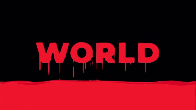 The word "WORLD" written in red, bloody liquid, dripping down. Concept of peace in war. Animation of text emerging from the red liquid on a transparent background with an alpha channel, with copy spac