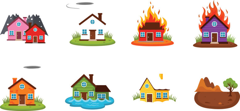 Home Icons with Various Disasters Including Fire, Flood, Earthquake, and Storm for Emergency, Safety, and Disaster-related Designs