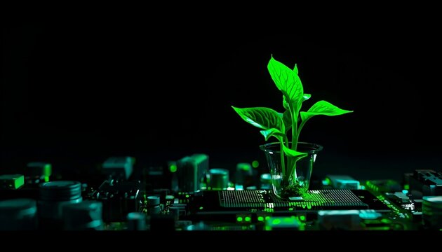 Glowing green plant sprout growing from a computer motherboard