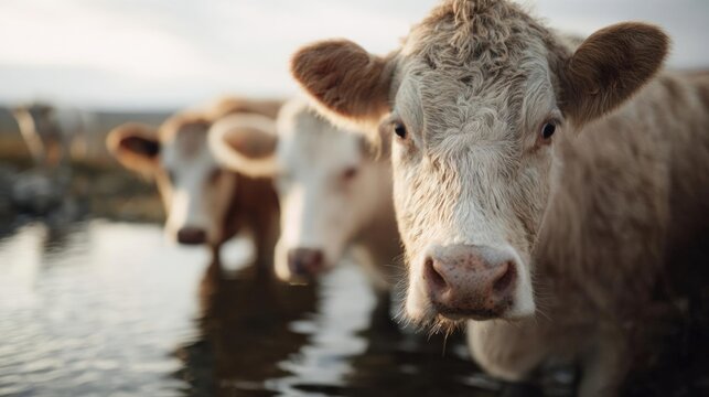 Close-up of a cow's face. the cow is facing the camera and is looking directly at the camera. it has a light brown coat with white patches on its face and ears.