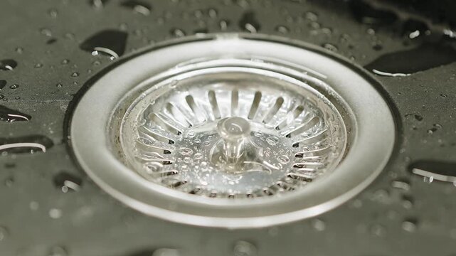 Close-Up Of Stainless Steel Sink Drain With Running Water And Water Droplets