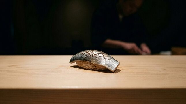 
Masterpiece of Edomae: Handcrafted Kohada (Gizzard Shad) Nigiri Sushi on Hinoki Wood with Master Chef Silhouette