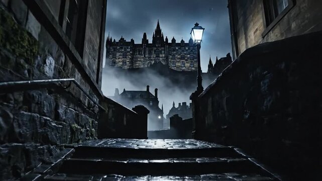Moody rainslick stone stairs fade into fog as a distant castle towers beneath stormy skies at night