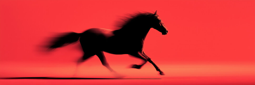 Black horse silhouette galloping with motion blur on red background. Black equine silhouette fast running with blur effect symbolizing speed and dynamism
