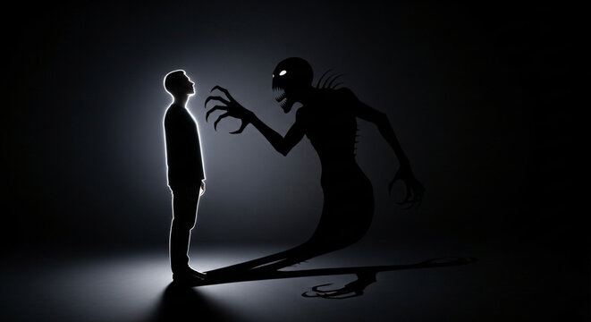 Scary monster shadow attacking small glowing man silhouette representing inner fears or phobias and sleep paralysis or nightmares in dramatic black and white high contrast conceptual artwork