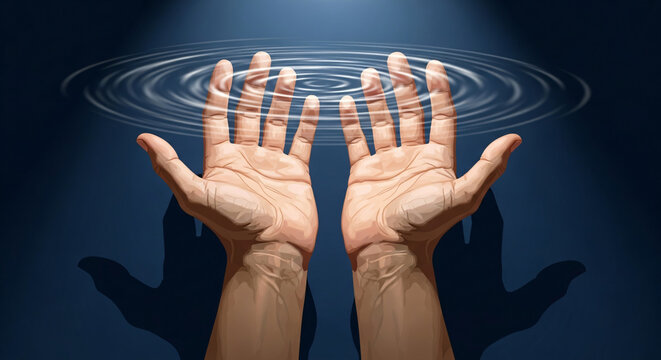 Upward facing open palms of hands creating water ripples in air representing healing energy or mindfulness and tranquility or concentration or magic effect in dark blue lighting atmosphere