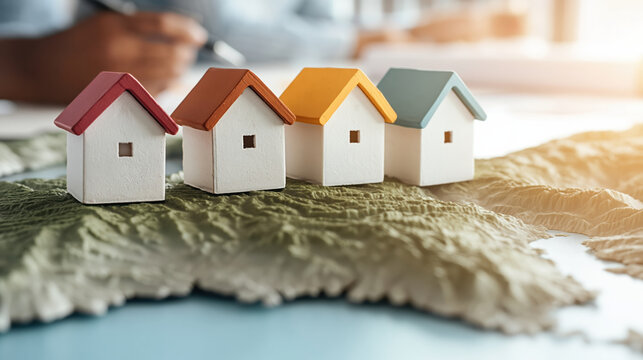 Business plan small model house with colorful roof on map showing property strategy and goal