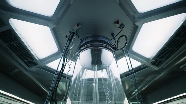 Futuristic research laboratory showing a high tech glass capsule or cryogenic chamber designed for advanced scientific experiments and medical innovation in a sterile environment